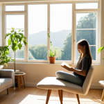 **Image Prompt:** A serene, sun-drenched living room. A person is sitting comfortably on a couch, reading a book with a cup of tea. The room is minimally decorated with plants and secondhand furniture, radiating a sense of calm and contentment. Soft, natural light streams through a large window. Focus on the feeling of peace and mindful living.