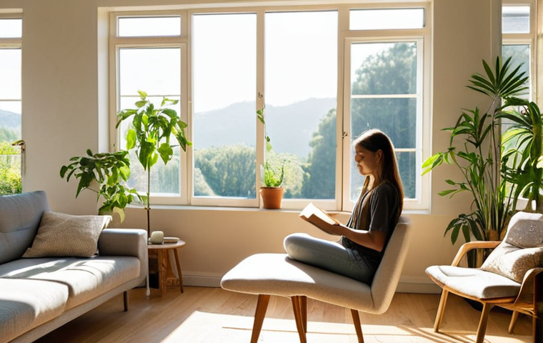 **Image Prompt:** A serene, sun-drenched living room. A person is sitting comfortably on a couch, reading a book with a cup of tea. The room is minimally decorated with plants and secondhand furniture, radiating a sense of calm and contentment. Soft, natural light streams through a large window. Focus on the feeling of peace and mindful living.