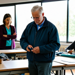 A diverse group of adults, fully clothed in appropriate and modest professional attire, engaged in a collaborative community repair workshop. The setting is a bright, modern community center with various workstations. One individual is carefully mending a textile item, another is consulting on a small electronic device with a repair expert, and in the background, a shared tool library is visible. Natural light streams through large windows. Professional photography, high resolution, realistic, perfect anatomy, correct proportions, natural poses, well-formed hands, proper finger count, natural body proportions, safe for work, appropriate content, fully clothed, family-friendly.