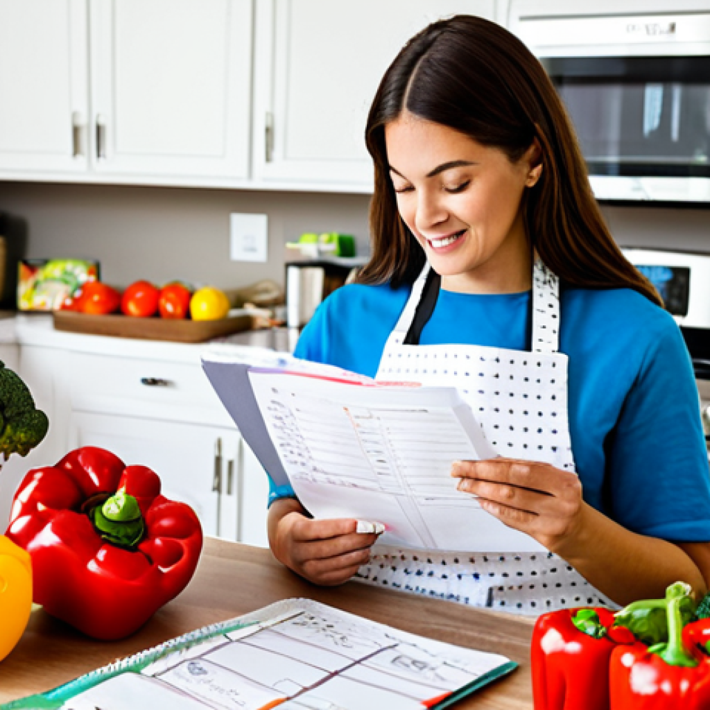Meal Planning & Grocery Shopping**

"A brightly lit kitchen scene, featuring a woman in an apron reviewing a handwritten meal plan and grocery list. A reusable shopping bag sits nearby, filled with colorful, fresh produce. Focus on the healthy and organized aspect of meal planning.  Include ingredients like bell peppers, broccoli, whole grain bread.  safe for work, appropriate content, fully clothed, modest attire, professional photography, perfect anatomy, natural proportions, family-friendly."

**