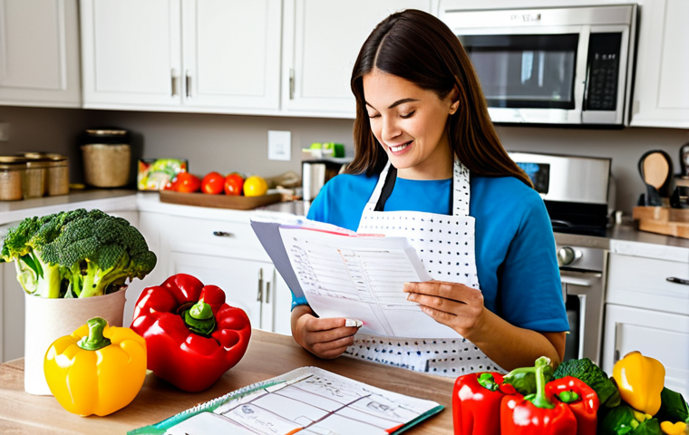 Meal Planning & Grocery Shopping**

"A brightly lit kitchen scene, featuring a woman in an apron reviewing a handwritten meal plan and grocery list. A reusable shopping bag sits nearby, filled with colorful, fresh produce. Focus on the healthy and organized aspect of meal planning.  Include ingredients like bell peppers, broccoli, whole grain bread.  safe for work, appropriate content, fully clothed, modest attire, professional photography, perfect anatomy, natural proportions, family-friendly."

**