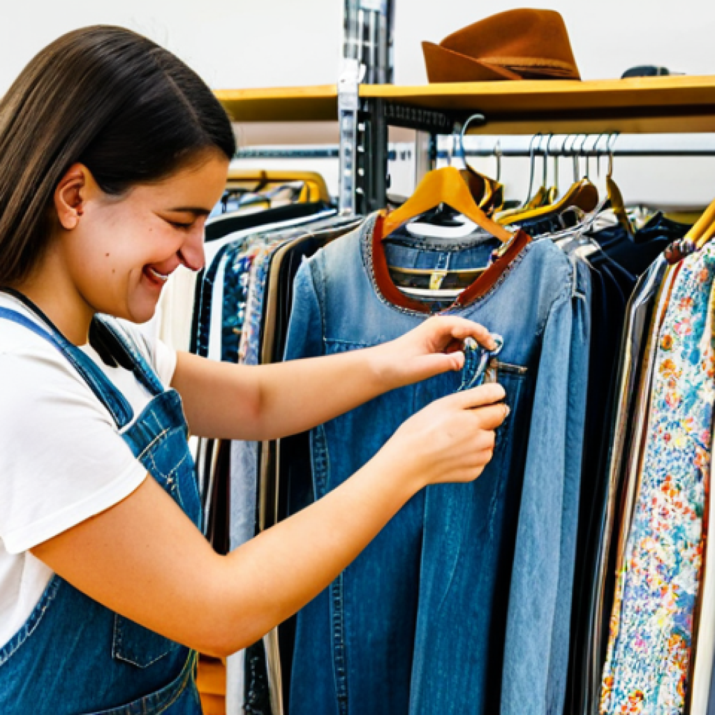 소비를 줄이기 위한 패션 선택 - Thrifting Treasure Hunt**

A well-organized, bright and airy thrift store interior. A young woman wi...