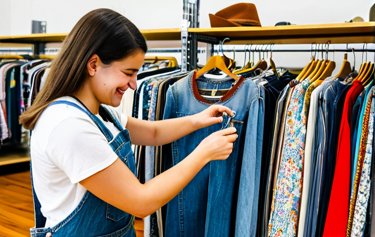 소비를 줄이기 위한 패션 선택 - Thrifting Treasure Hunt**

A well-organized, bright and airy thrift store interior. A young woman wi...