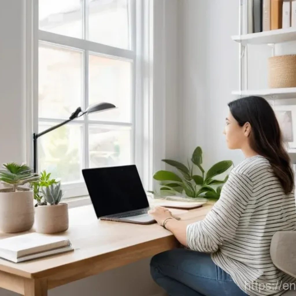 탈소비적 접근법이 주는 행복 - **A serene and organized home office.** A young adult, dressed in comfortable, modest casual wear, s...