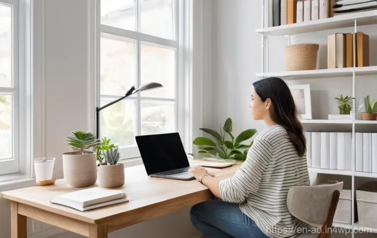 탈소비적 접근법이 주는 행복 - **A serene and organized home office.** A young adult, dressed in comfortable, modest casual wear, s...