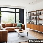 Home 19 탈소비적 접근법이 가져오는 변화 - A cozy minimalist living room bathed in natural light, featuring clean lines and neutral tones. The ...