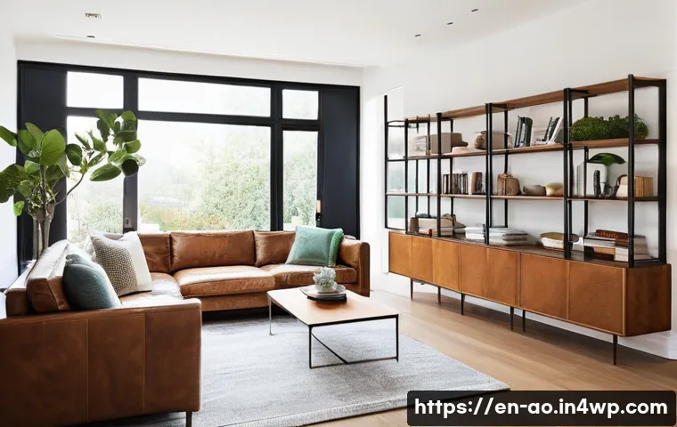 탈소비적 접근법이 가져오는 변화 - A cozy minimalist living room bathed in natural light, featuring clean lines and neutral tones. The ...