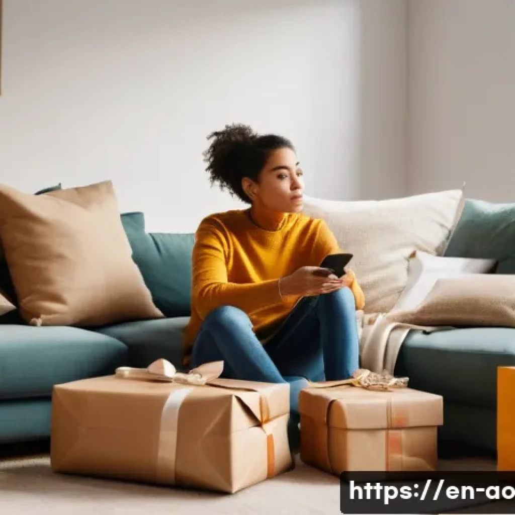 소비주의가 가져오는 심리적 영향 - A thoughtful young adult sitting alone in a cozy, softly lit modern living room, surrounded by shopp...