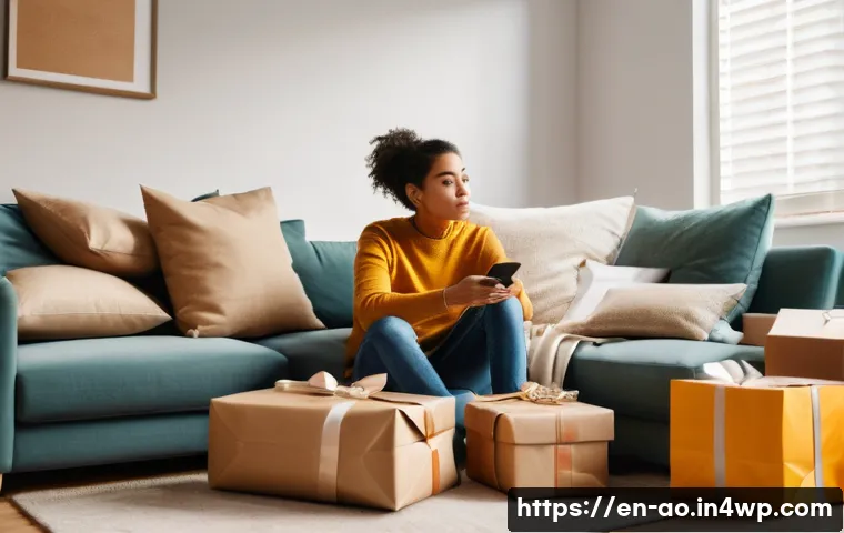 소비주의가 가져오는 심리적 영향 - A thoughtful young adult sitting alone in a cozy, softly lit modern living room, surrounded by shopp...