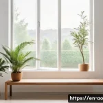 Home 23 탈소비주의와 자아 실현의 관계 - A serene minimalist living room bathed in natural sunlight, featuring simple furniture like a wooden...