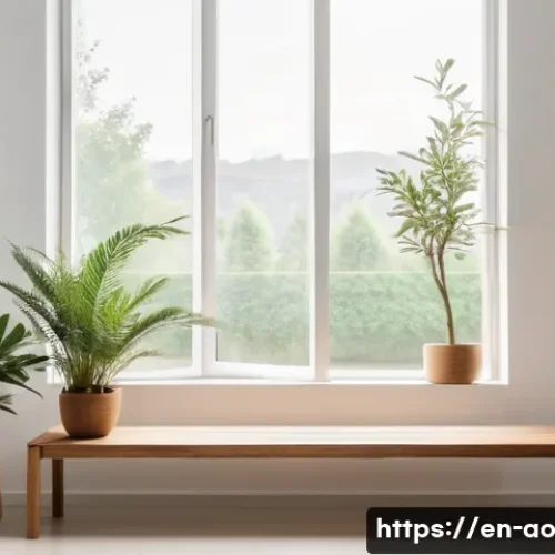 Home 17 탈소비주의와 자아 실현의 관계 - A serene minimalist living room bathed in natural sunlight, featuring simple furniture like a wooden...
