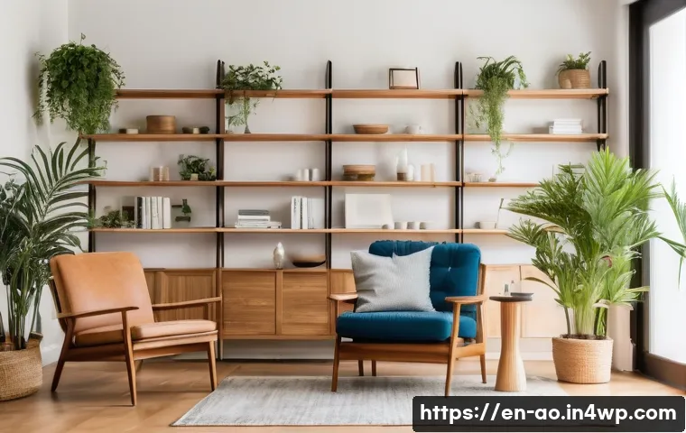 비소비적 삶에서의 정신적 안녕 - A serene, minimalist living room bathed in natural light, featuring simple wooden furniture, a few w...