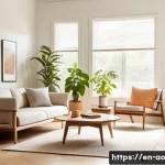Home 22 행복을 위한 탈소비적 접근법 탐구 - A serene minimalist living room bathed in natural sunlight, featuring a tidy space with few carefull...
