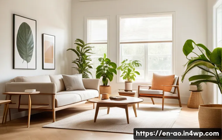 행복을 위한 탈소비적 접근법 탐구 - A serene minimalist living room bathed in natural sunlight, featuring a tidy space with few carefull...