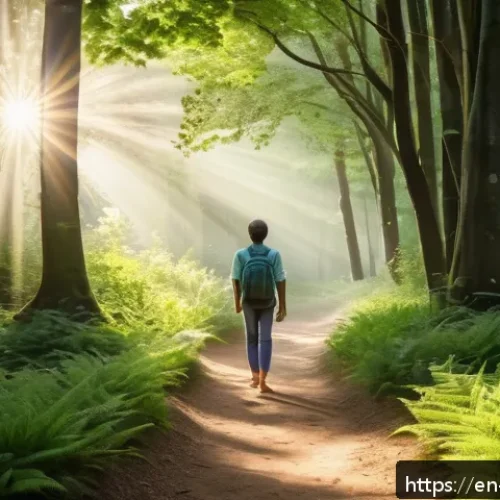 Home 33 소비 없는 일상에서의 행복 찾기 - A serene scene of a person walking barefoot along a sun-dappled forest path during early morning, su...