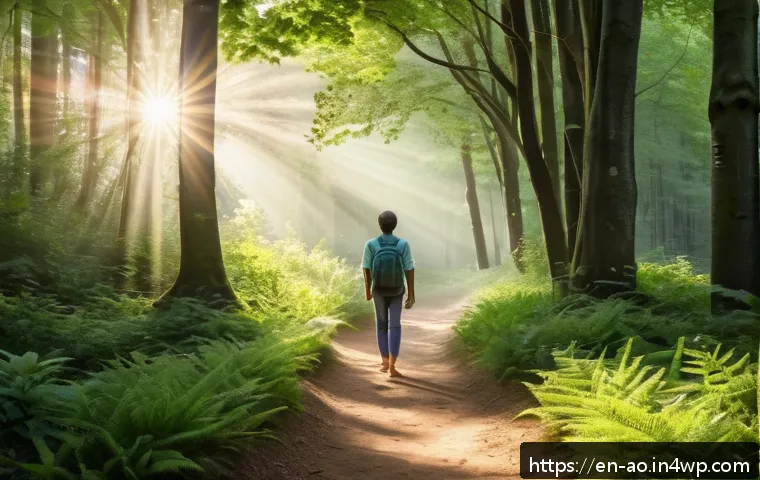 소비 없는 일상에서의 행복 찾기 - A serene scene of a person walking barefoot along a sun-dappled forest path during early morning, su...