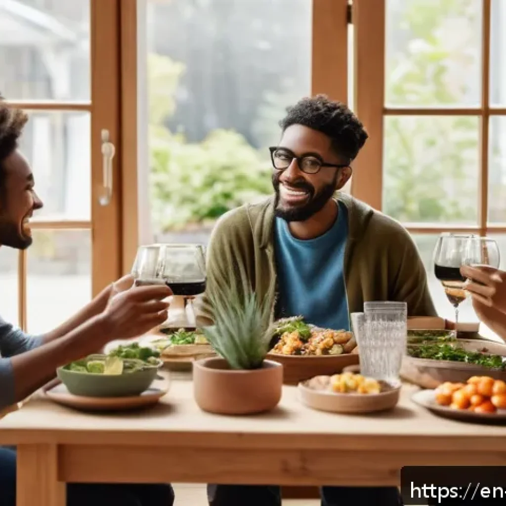 행복한 삶을 위한 비소비적 접근법 - A cozy living room scene featuring a diverse group of friends enjoying a casual potluck dinner toget...
