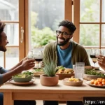 Home 20 행복한 삶을 위한 비소비적 접근법 - A cozy living room scene featuring a diverse group of friends enjoying a casual potluck dinner toget...