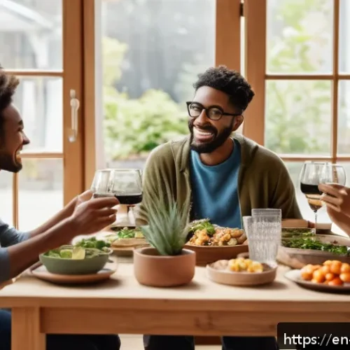 Home 32 행복한 삶을 위한 비소비적 접근법 - A cozy living room scene featuring a diverse group of friends enjoying a casual potluck dinner toget...