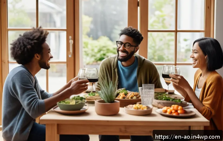 행복한 삶을 위한 비소비적 접근법 - A cozy living room scene featuring a diverse group of friends enjoying a casual potluck dinner toget...