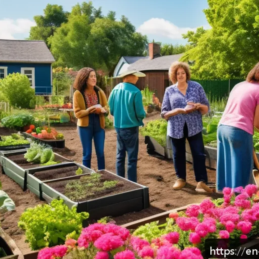 소비 없는 사회를 위한 새로운 패러다임 - A vibrant community garden scene in a suburban neighborhood during a sunny afternoon, featuring dive...