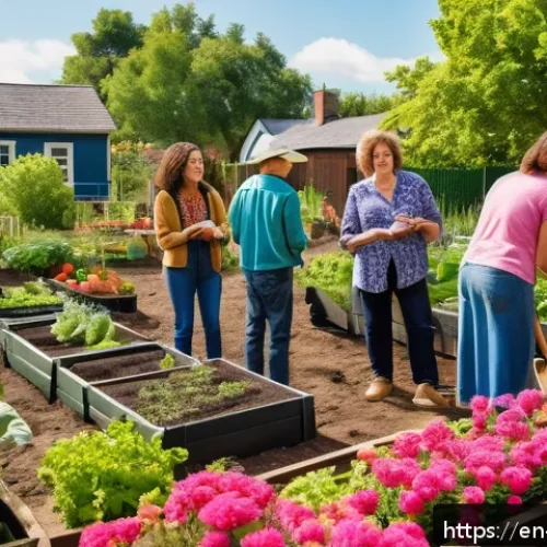 Home 31 소비 없는 사회를 위한 새로운 패러다임 - A vibrant community garden scene in a suburban neighborhood during a sunny afternoon, featuring dive...