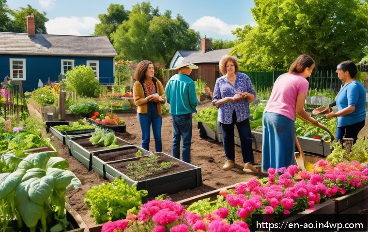 소비 없는 사회를 위한 새로운 패러다임 - A vibrant community garden scene in a suburban neighborhood during a sunny afternoon, featuring dive...