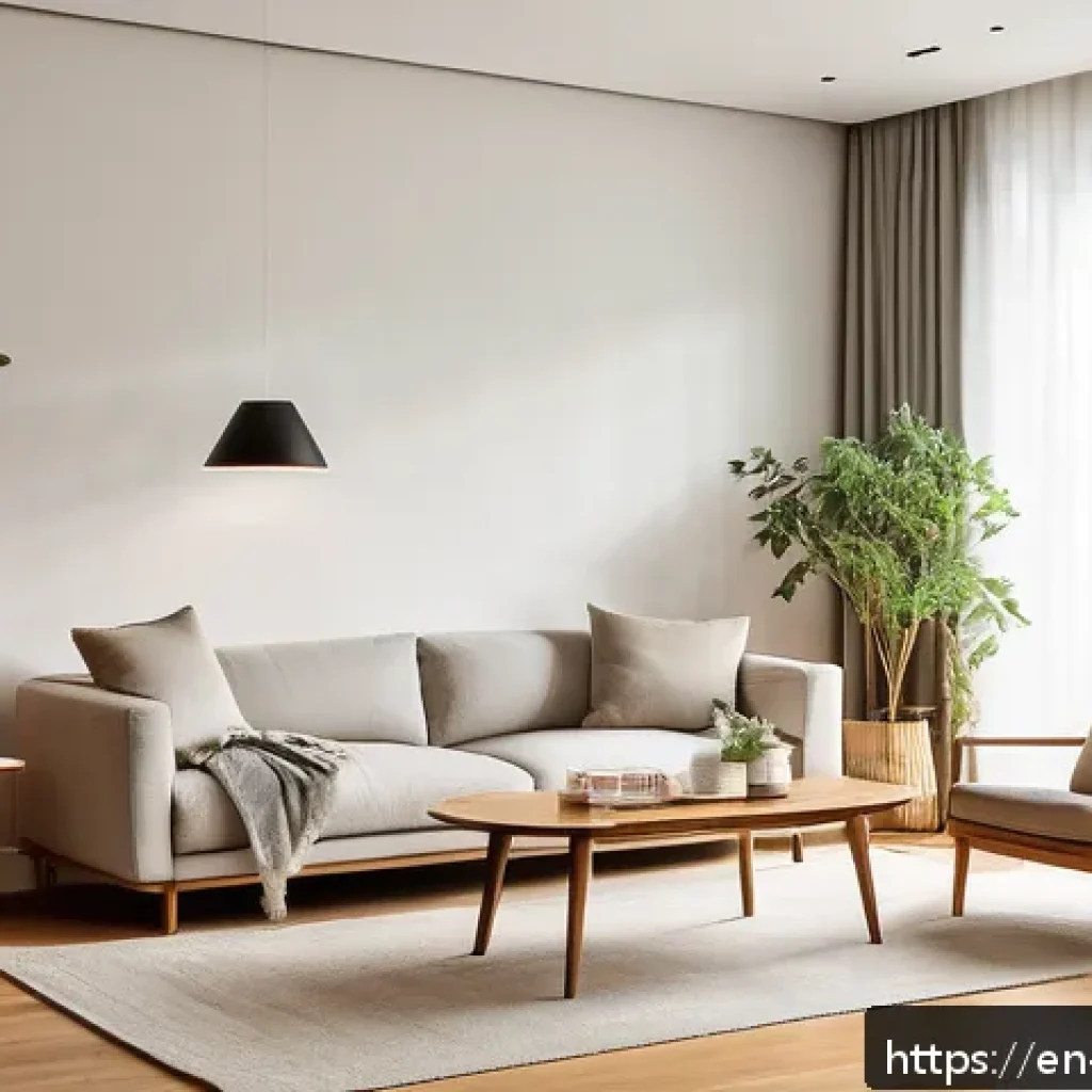 소비를 지양하는 가치 있는 선택의 필요성 - A serene, minimalist living room bathed in natural sunlight with clean lines and neutral colors, fea...