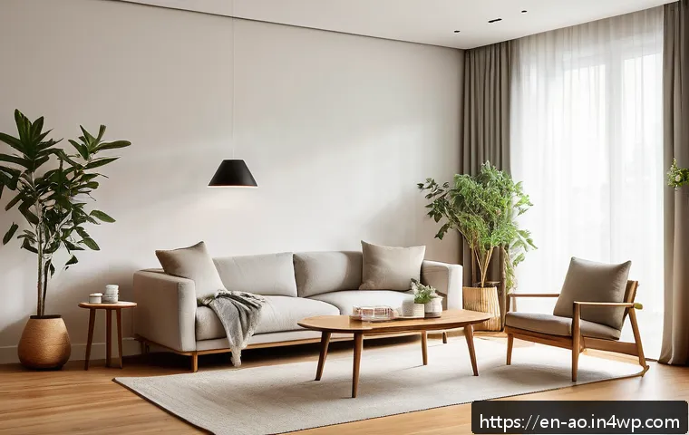 소비를 지양하는 가치 있는 선택의 필요성 - A serene, minimalist living room bathed in natural sunlight with clean lines and neutral colors, fea...