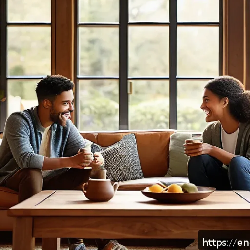행복을 위한 비소비적 목표 설정 - A warm, cozy living room scene showing a diverse group of close friends engaged in deep conversation...