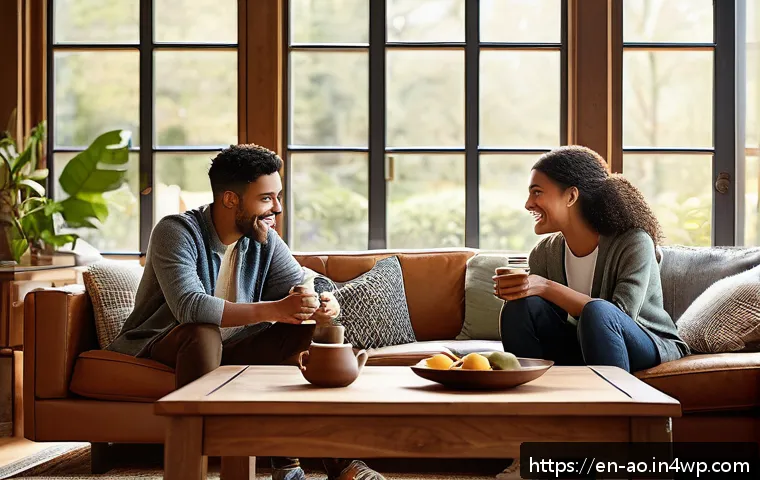 행복을 위한 비소비적 목표 설정 - A warm, cozy living room scene showing a diverse group of close friends engaged in deep conversation...
