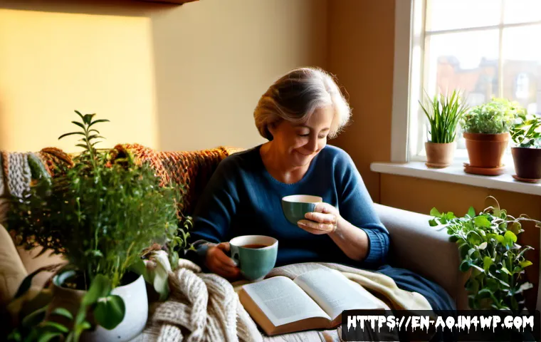 소비 없이도 풍요로운 삶 만들기 - Photorealistic cozy apartment living room at golden morning light, a relaxed middle-aged woman enjoy...