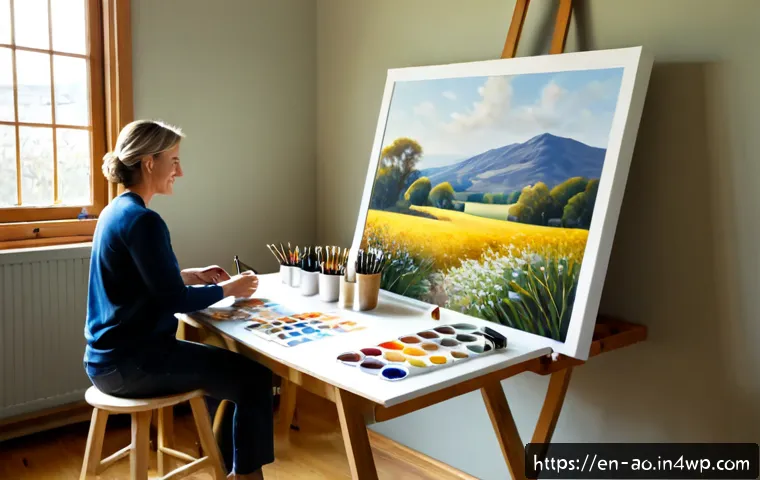 소비 대신 자아 실현에 집중하기 - Photorealistic lifestyle scene of a woman in her 40s painting a large landscape canvas in a bright h...