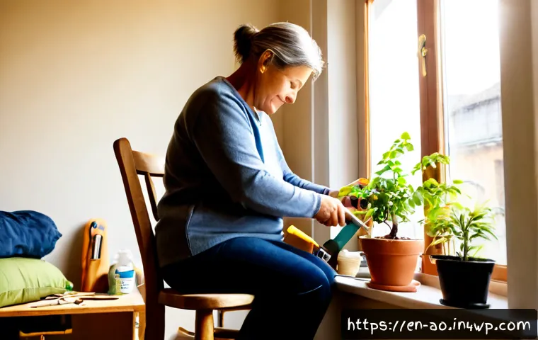 Home 30 비소비적 삶을 위한 실천 팁 - Photorealistic morning scene of a middle-aged woman in a cozy sunlit apartment repairing a wooden ch...