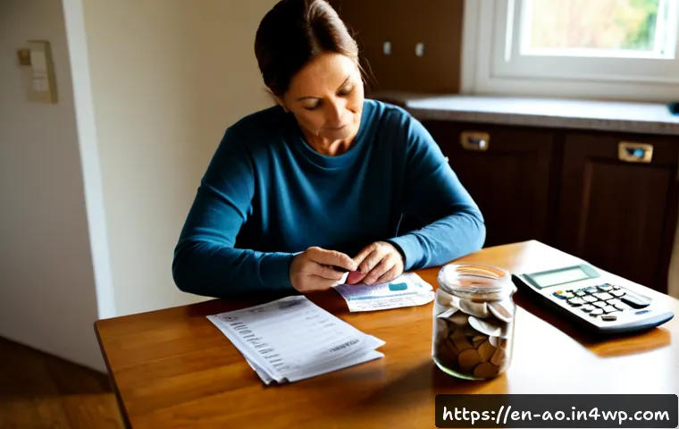 Home 17 소비를 줄이는 방법과 그 필요성 - Photorealistic home budgeting scene, a thoughtful middle-aged woman at a clean wooden kitchen table ...