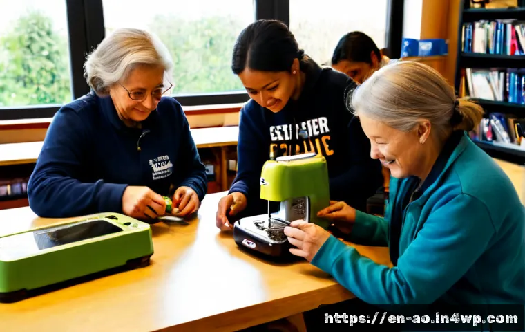 탈소비주의를 위한 사회적 지원 필요성 - Photorealistic community repair workshop in a bright public library makerspace, diverse adults of di...